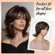 QUEENTAS Mullet Wig Short Brown Wigs for Women Synthetic Brown Wig with Bangs Mix Blonde Highlights