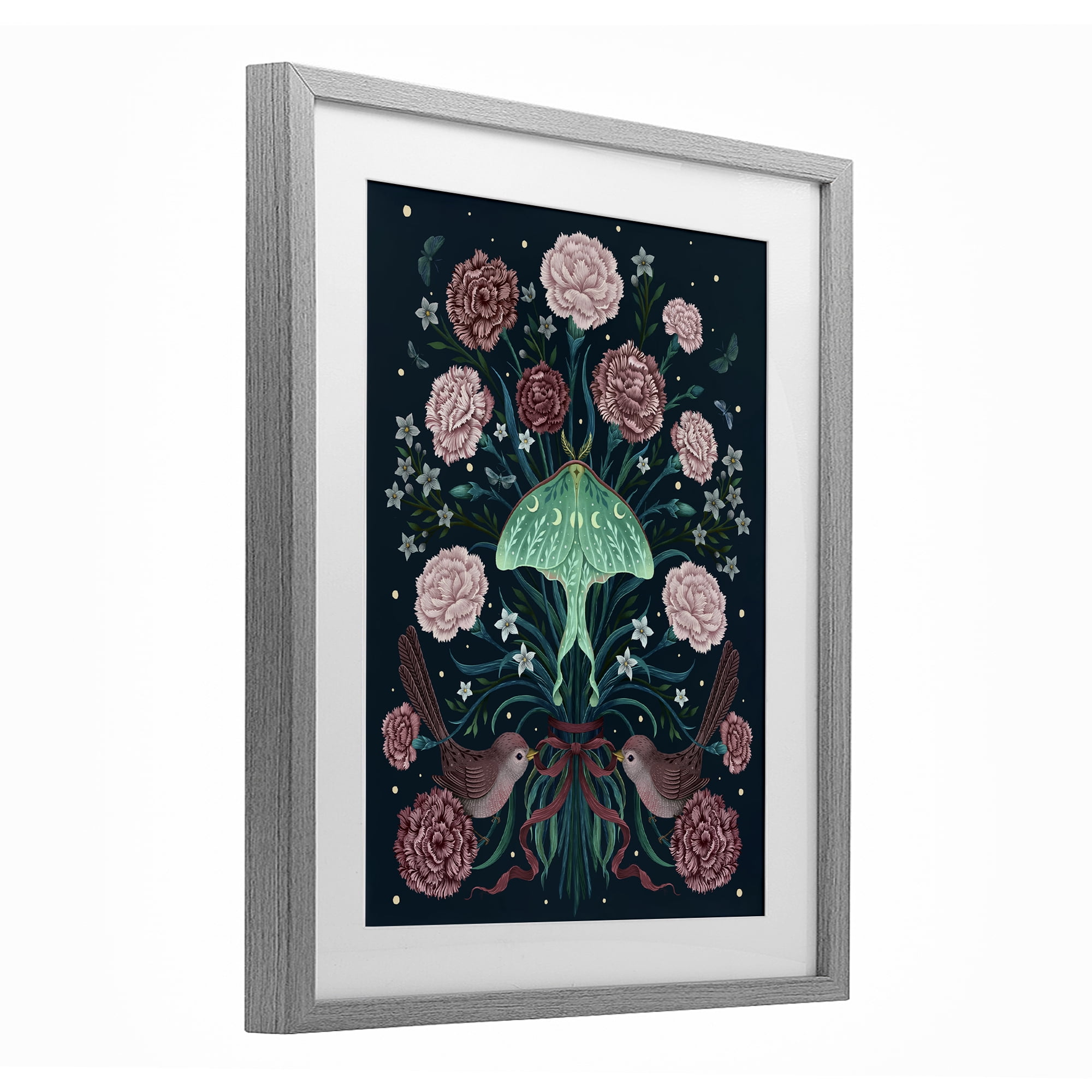 Stupell Industries January Carnations & Moth Gray Framed Print Under Glass, design by Episodic Drawings