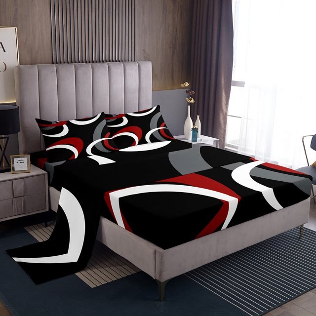 Erosebridal Draps de Lit Noirs et Blancs Rouges Grand Lit, Ensembles de Literie à Lignes Abstraites Format Grand Lit, Décoration Intérieure Géométrie 4 Pcs