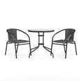thumbnail image 1 of 28'' Round Glass Metal Table with Black Rattan Edging and 2 Black Rattan Stack Chairs, 1 of 9