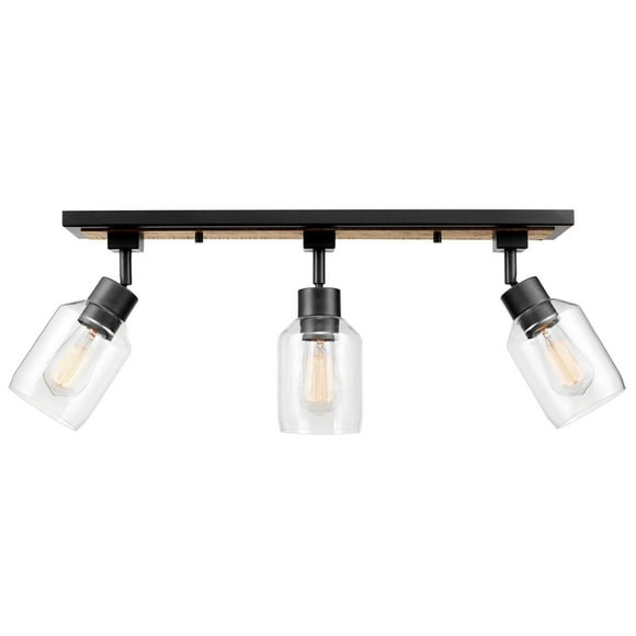 Globe Electric Griffith 25" 3-Light Metal Track Lighting, Faux Wood Finish, Matte Black Accents, Clear Glass Shades, 59798