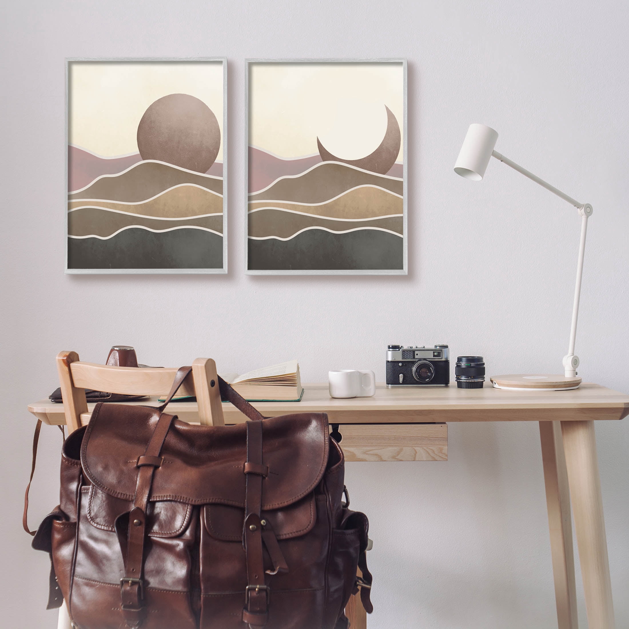 Neutral Toned Landscape Sun Moon Landscape Graphic Art Gray Framed Art Print Wall Art, Set of 2