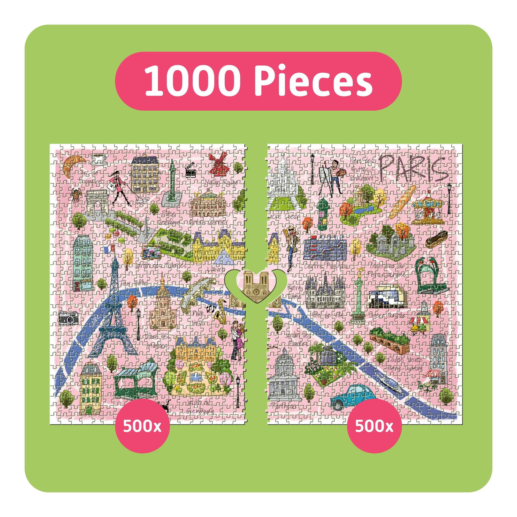 TEAMPUZZLE: Paris - 1,000pc Puzzle, 2 Jigsaw Sections, Illustrated City Destinations Map, 27 x 19", Includes Code Extras, Family & Friends 12+