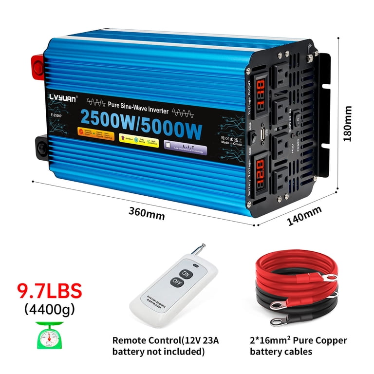 LVYUAN 2500W 5000W Peak Pure Sine Wave Power Inverter 12V DC to 