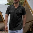 thumbnail image 1 of Men's Retro Hooded Linen Shirt Renaissance Medieval Gothic Short Sleeve Beach V-Neck Drawstring Yoga African Summer Top, 1 of 8