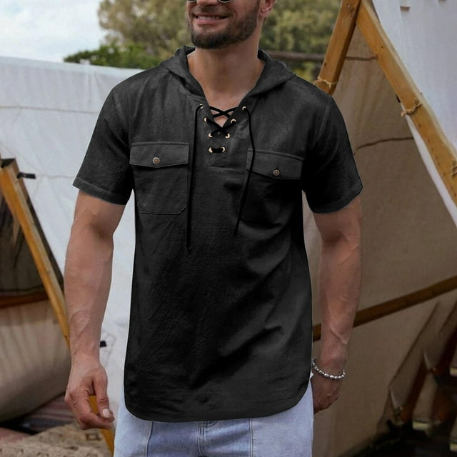 Men's Retro Hooded Linen Shirt Renaissance Medieval Gothic Short Sleeve Beach V-Neck Drawstring Yoga African Summer Top