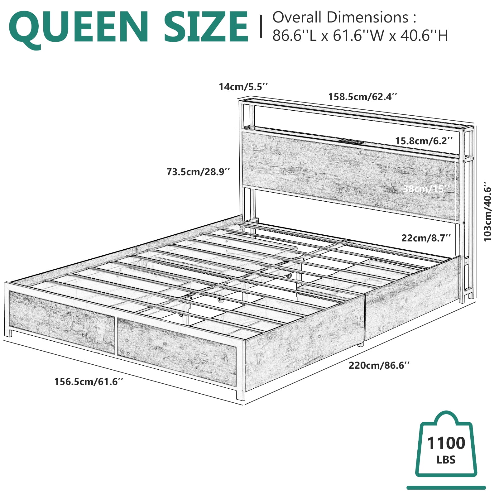 LED Bed Frame Queen Size with 2 USB Ports and Outlets, Platform Metal Bed Frame with 4 Storage Drawers and Headboard, No Box Spring Needed, Noise-Free(Vintage Brown-Queen)