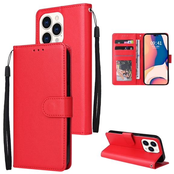 SaniMore for iPhone 14 Pro 6.1" PU Leather Case, Magnetic Closure Flip Wallet Cover with Wrist Strap Card Slot & Multi-Angle Kickstand All-Inclusive Protective Shell, Red