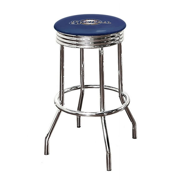 The Furniture King Bar Stool 24" or 29" Tall Backless Chrome Metal Stool Featuring Your Favorite Baseball Team Logo on a Colored Vinyl Swivel Seat Cushion - Brewers on Blue