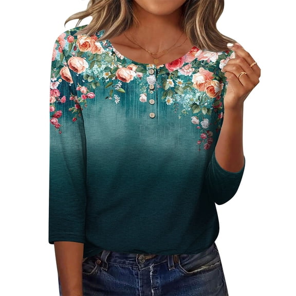 Cilsoka Blouses for Women Dressy Casual Plus Size, Womens Tops 3/4 Sleeve Crewneck Cute Shirts Casual Print Trendy Blouses Three Quarter Length Tshirts Summer Pullover, Floral Print Tshirts