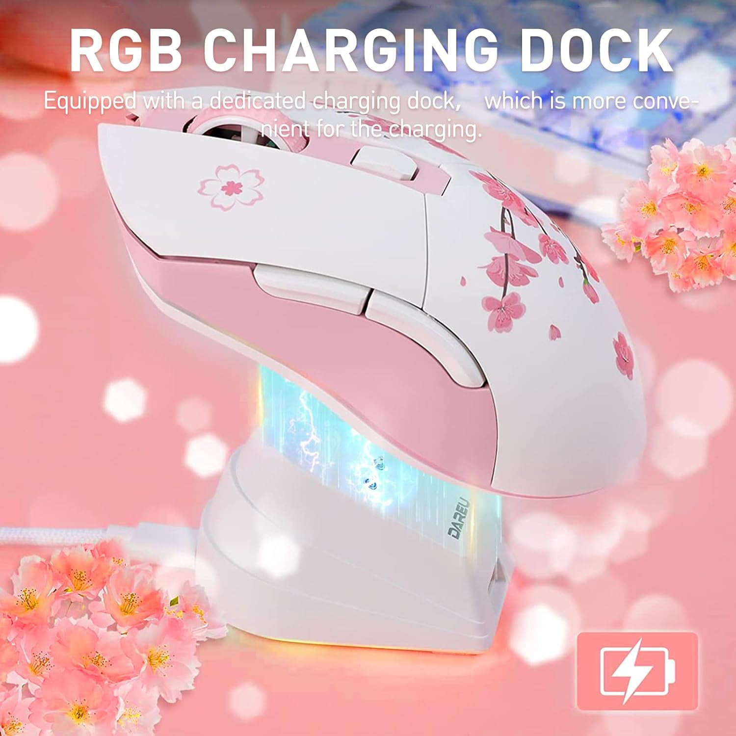 DAREU Wireless Optical Gaming Mouse with Charging Dock 85g Lightweight 12000 DPI RGB Backlight for PC Notebook