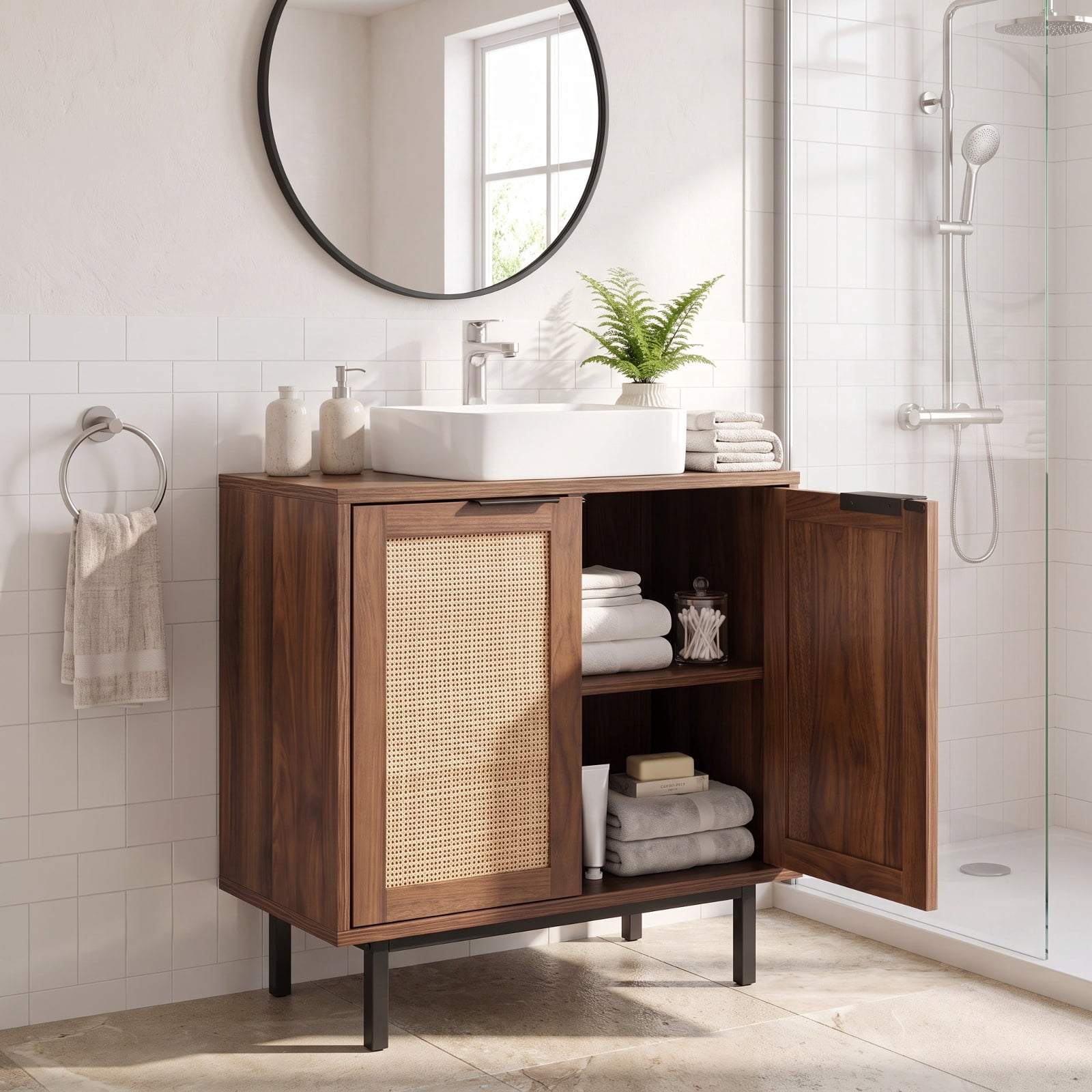 Vebreda Freestanding Bathroom Storage Cabinet, Bathroom Vanity Cabinet with U-Shaped Cut-Out 2 Rattan Doors and Shelf, Hidden Sink Organizer