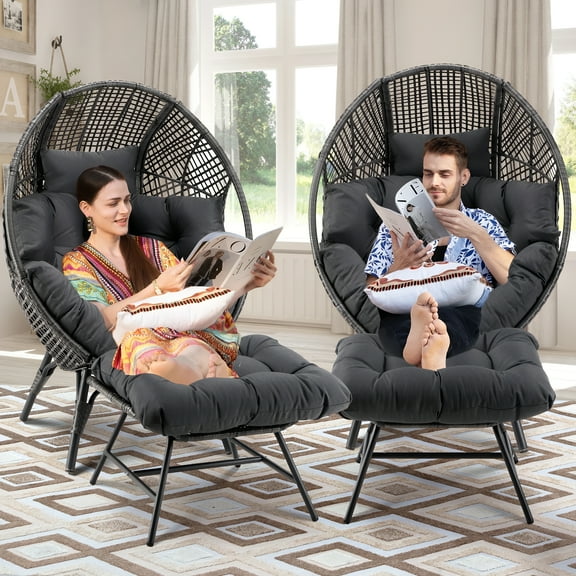 RADIATA 2-Pack Wicker Egg Chair with Footrest, Oversized Rattan Patio Lounge Chair with Ottoman, Indoor Outdoor Boho Style Basket Chairs for Balcony Garden,440lbs, Gray