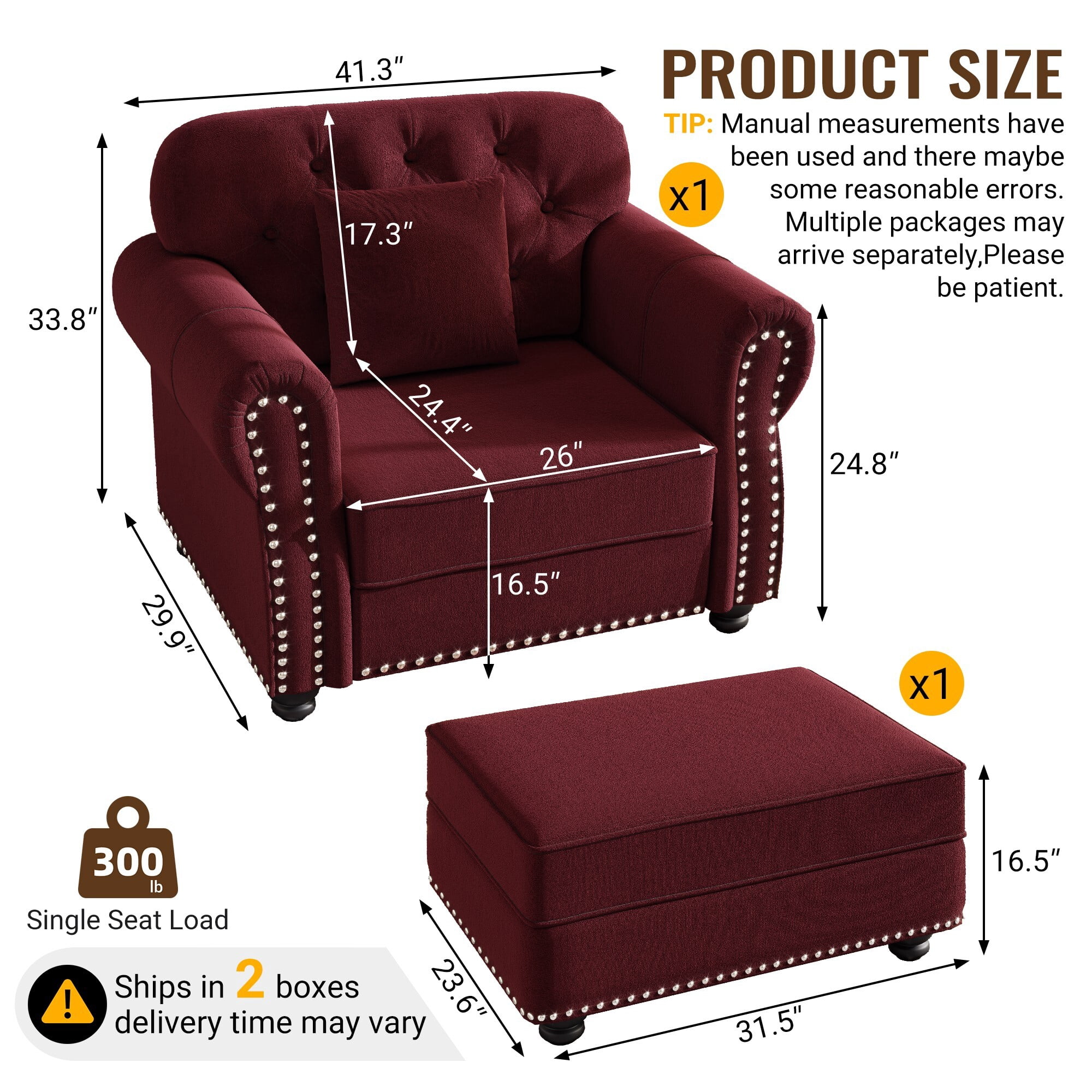 DEALTOPS 41.3 Inch Reversible Chesterfield Velvet Accent Chair with Ottoman, Tufted Nailhead Trim, Burgundy
