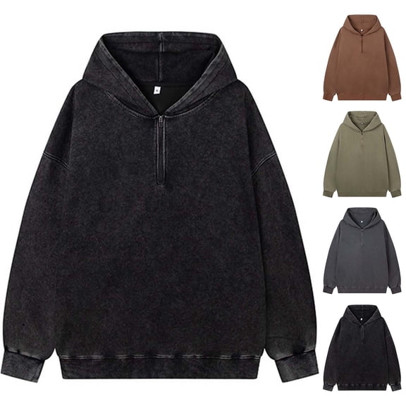 Chiccall Mens Hoodie Quarter Zip Long Sleeve Hooded Sweatshirts Casual Loose Fit Vintage Athletic Pullover for Men