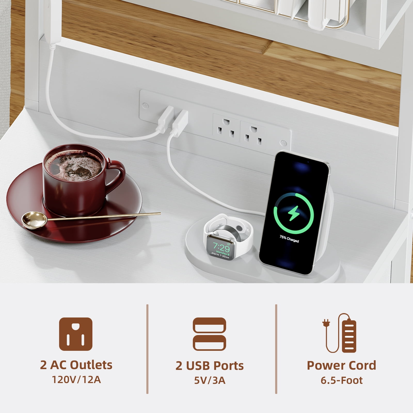 Eunos Tall Nightstand with Charging Station, White Dresser with 4 Drawers and Storage Shelves for Bedroom