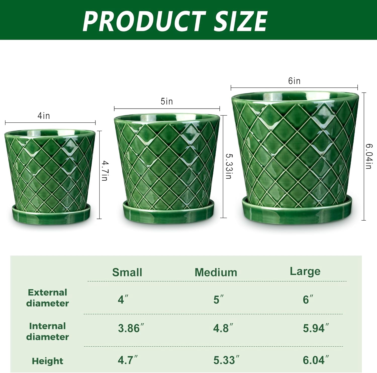 BUYMAX 4",5",6" Dia Planter Set of 3, Modern Style Ceramic Plant Pots with Drainage Hole and Tray for Indoor Outdoor Patio, Emerald Green