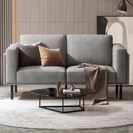 BLAZANT Loveseat Couch with Thickened Full Foam Sofa Armrest, 59 inch 2 Seater Couch, Modern Italian Style Track-Arm Sofa Couch for Living Room, Bedroom, Small Space, Linen Fabric, Metallic Legs, Grey