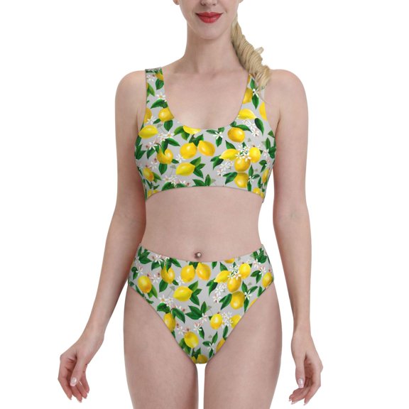 Vsdgher Womens High Waisted Bikini Sets Two Piece Swimsuit Lemon1 Print Tummy Control Bathing Suit-XX-Large