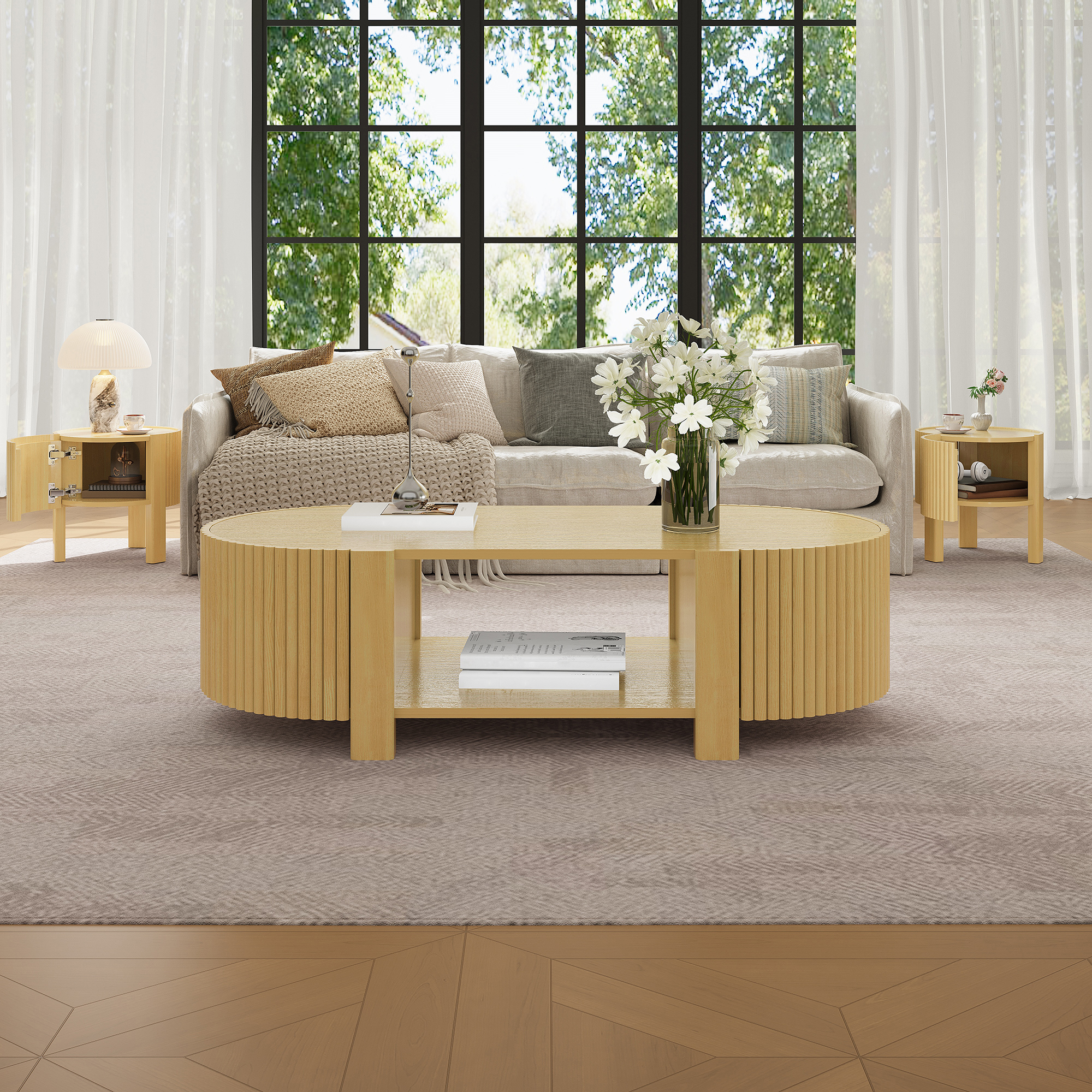 Euroco Oval Fluted Coffee Table with Storage for Living Room, 1 shelf & 2 Open Storage Doors, Natural, 47"