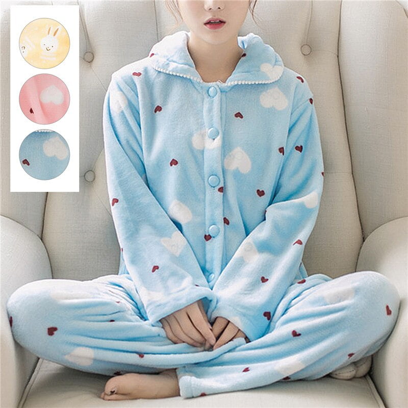 Warm Coral Fleece Autumn Winter Pajamas Women Flannel Thickening Couple Long Sleeved Lapel Home Service Women Sleepwear Suit