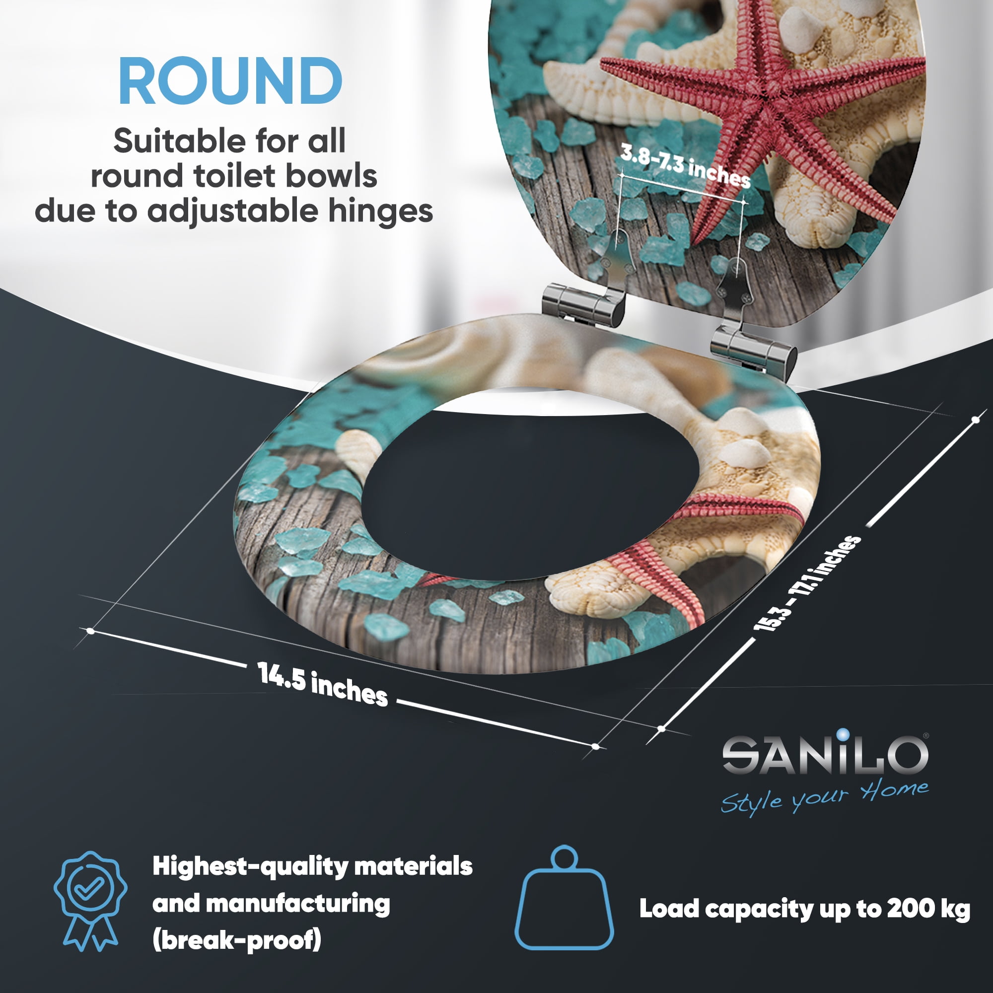 Sanilo Soft Close Toilet Seat ROUND, Quiet and Slow Close Lid and Seat, Strong Bumpers and Hinges, Bath Salt