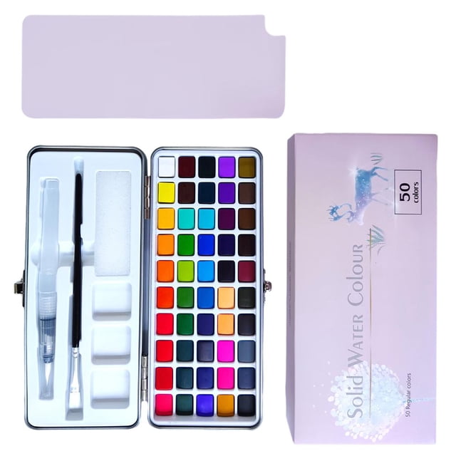 Juego de acuarelas de 52 colores en botes con bolígrafo, pincel, 5 papeles de acuarela, esponja, rotuladores negros, material de arte para niños y adultos, caja de viaje con acuarela y morado