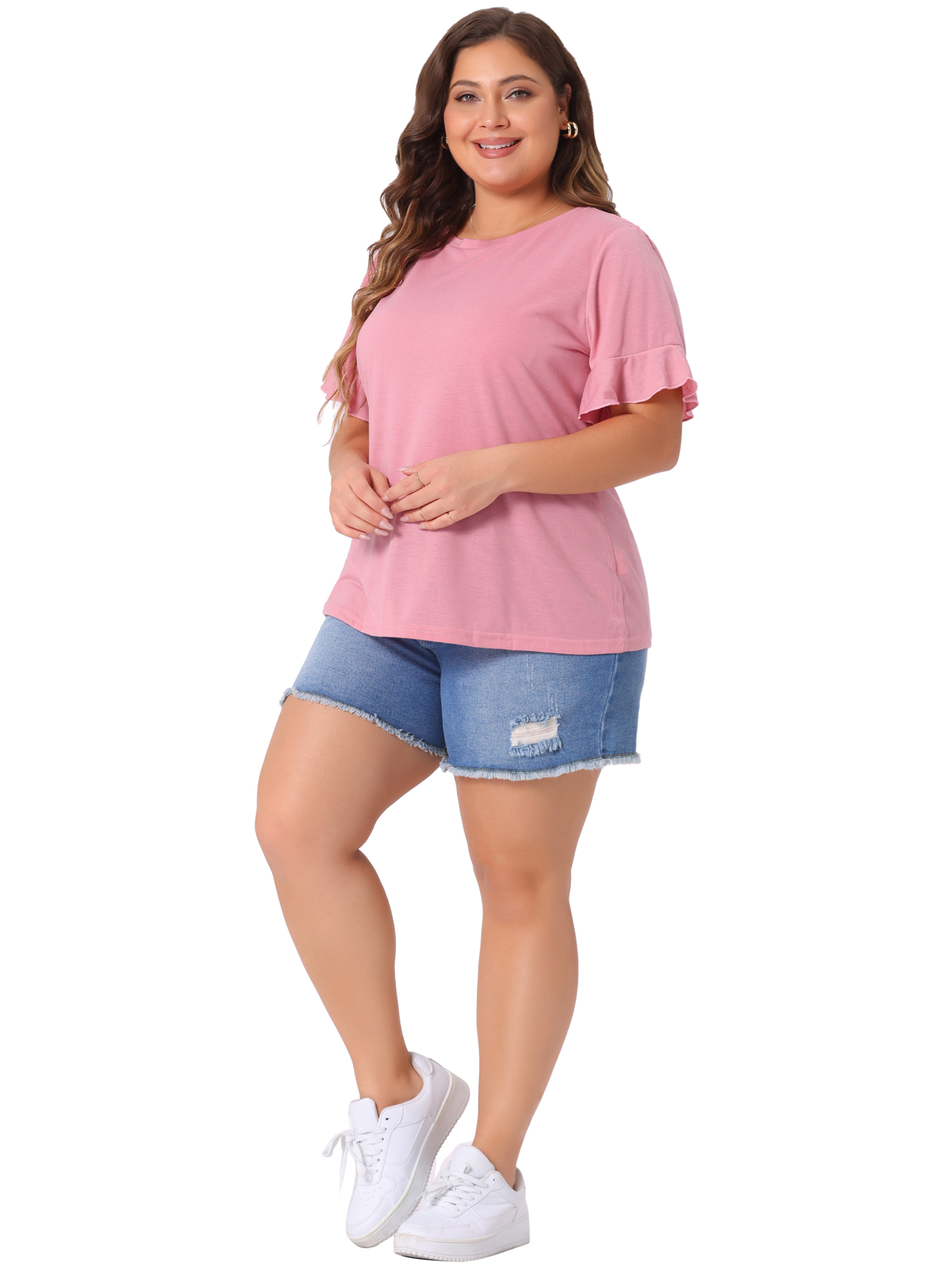 DARING DIVA Women's Plus Plain Crew Neck Ruffle Short Sleeves Blouse 2X Pink
