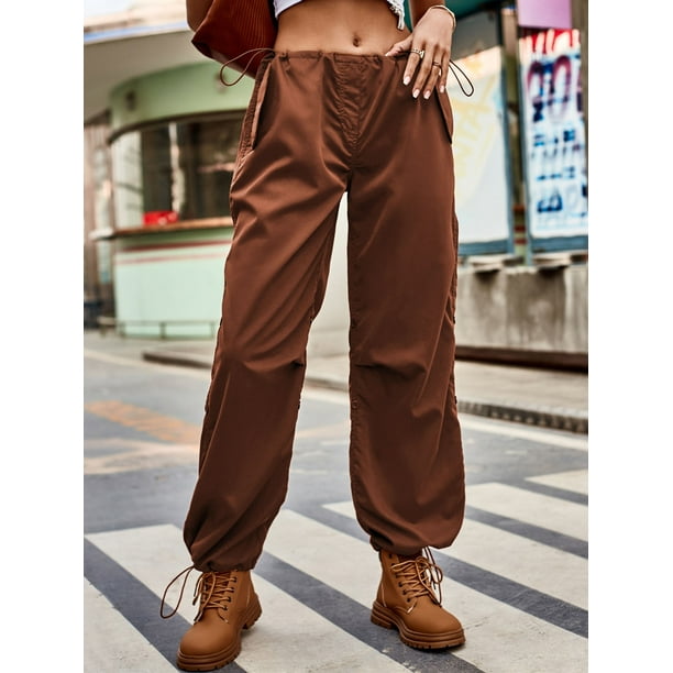 Sunloudy Women's Baggy Cargo Pants Drawstring Mid Waist Solid Color  Parachute Pants Trousers for Teenagers Adults 