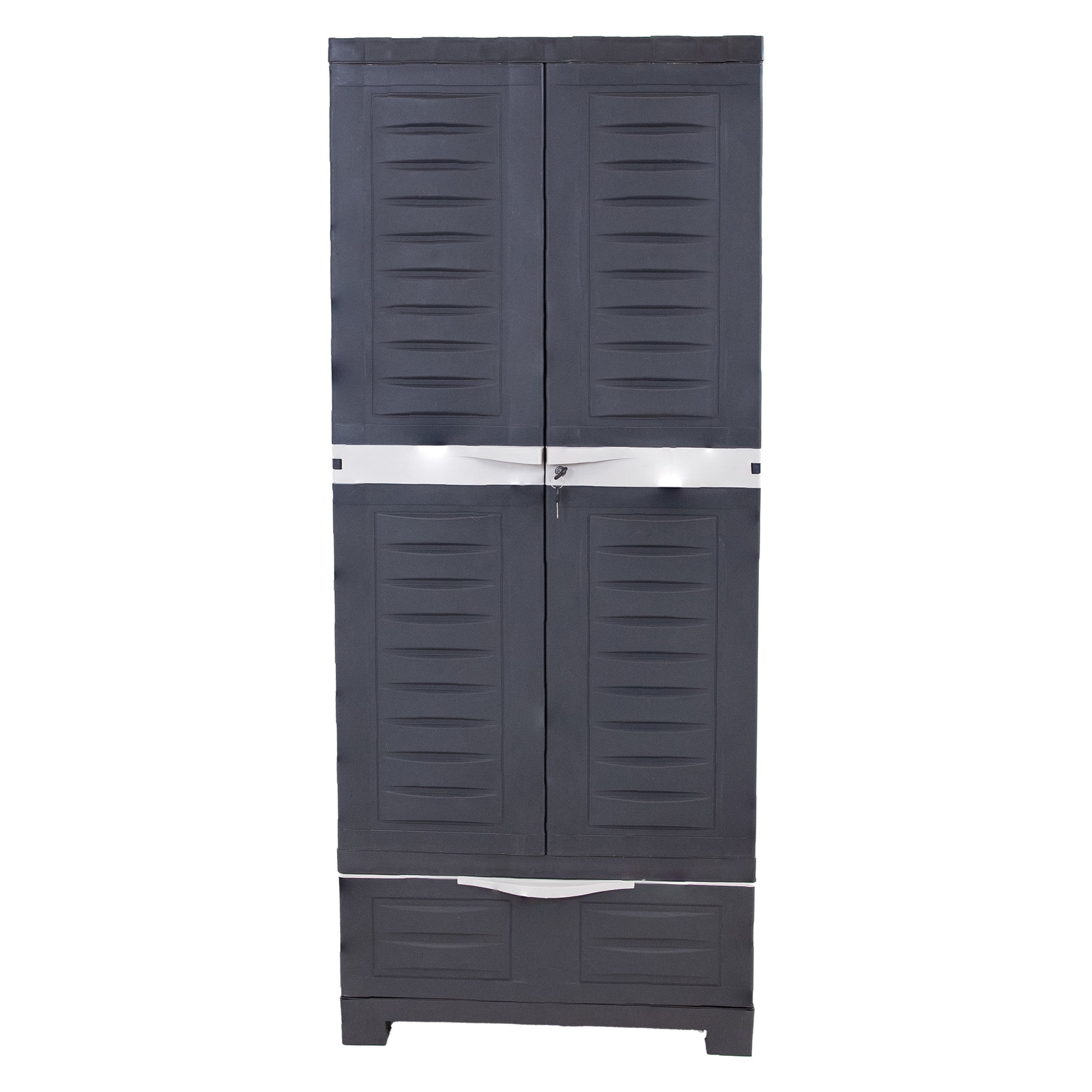 Sunnydaze Lockable Adjustable 57.5" Plastic 3-Shelf 1-Drawer Freestanding Storage Cabinet, Charcoal