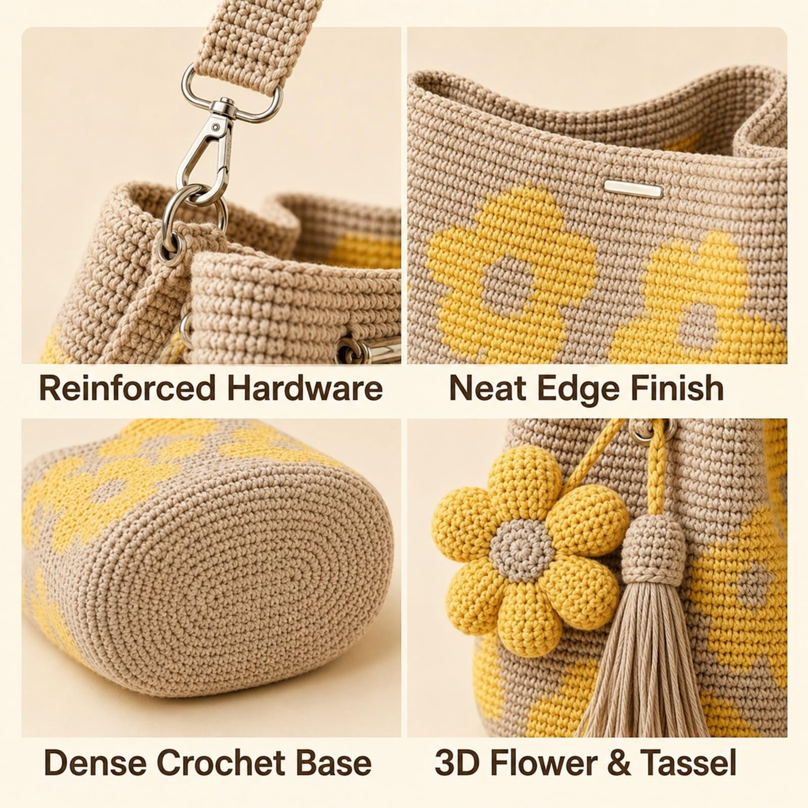 Handmade Crochet Flower Tote,Casual Woven Tote Bag,Floral Knit Shoulder Bag,Shoulder Bags With Floral Tassel