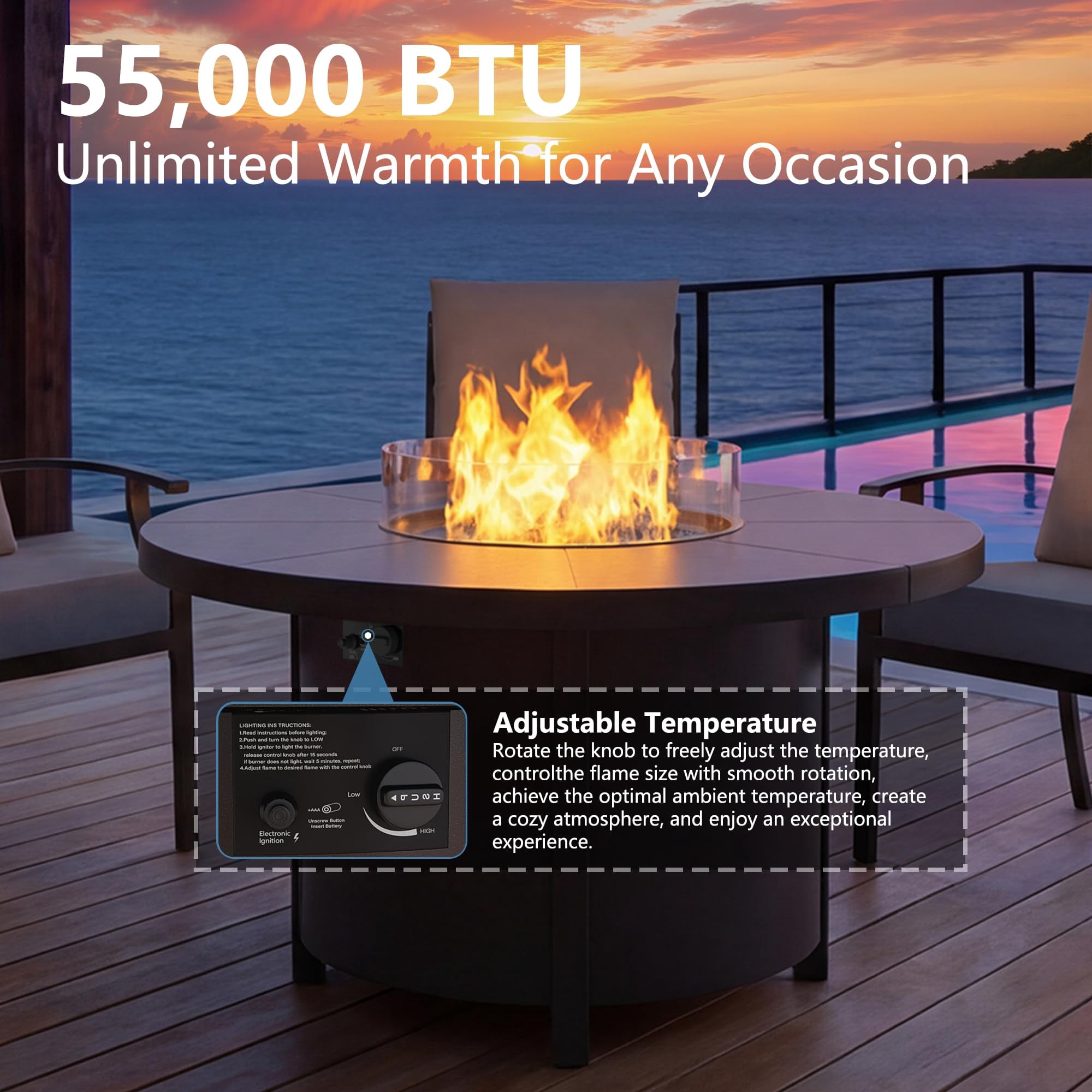 ALAULM Round Gas Fire Pit Table 48in, 40000 BTU Outdoor Propane Fire Pit with Round Metal Tabletop, Adjustable Flame,Windshield & CSA Certification for Outside Patio & Garden
