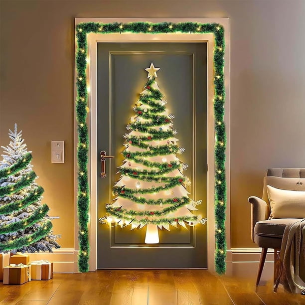 Adornos navideños, adornos navideños, regalos navideños, ratán artificial decorativo navideño de 16.4 pies con luces LED cálidas para festivales navideños, escaleras, paredes, chimeneas, repisas, deco