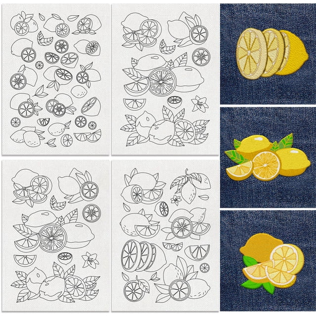 30Pcs Lemon Water Soluble Hand Sewing Stabilizers 8.3"x11.7" Lemon Slices Embroidery Pattern Stabilizer 4 Sheets Fruit Stick and Stitch Embroidery Paper Sticker