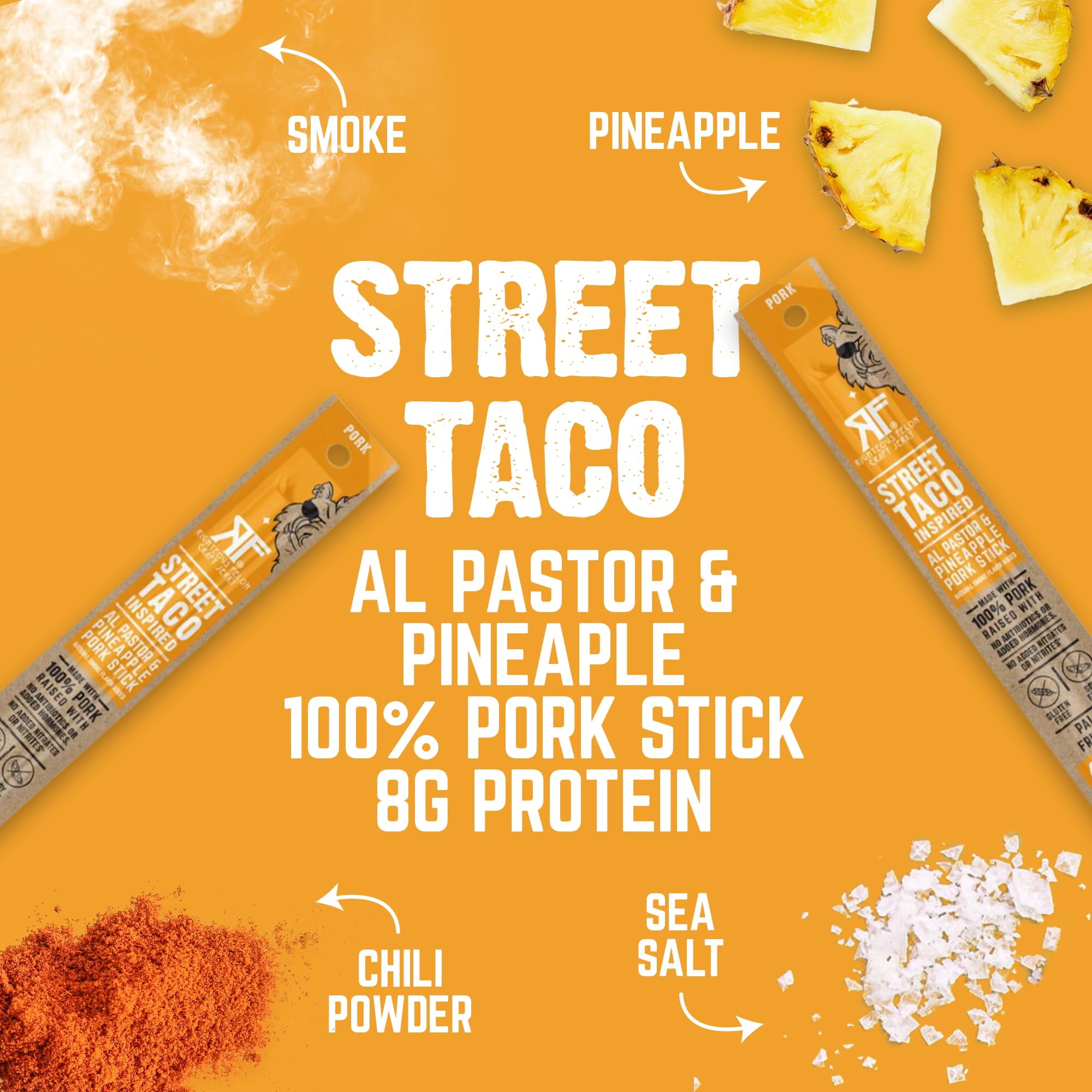 Righteous Felon Mini Pork Sticks, Healthy High Protein Kids Snack, Low Sugar, Street Taco, 24 Ct