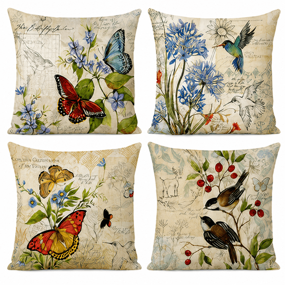 Set of 4 Vintage Botanical Throw Pillow Covers 18x18 Inch, Double-Sided Printed Faux Linen Decorative Pillow Cases, Bird Butterfly Floral Cushion Covers for Couch Sofa Bed Living Room