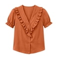 thumbnail image 4 of Cilsoka Women's Ruffle Trim Button Down Shirts Summer V Neck Puff Sleeve Cotton Linen Tops Casual Loose Fit Solid Blouse, 4 of 6