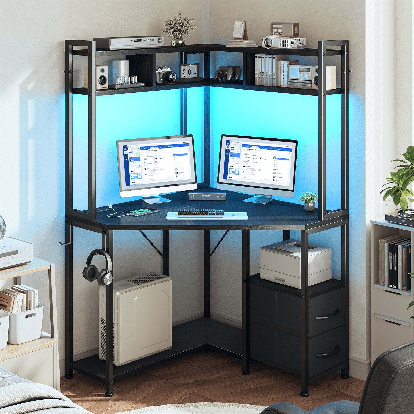 Enhomee Corner Desk with Storage & Hutch Office Desk with 2 Fabric Drawers Gaming Desk with Outlets & LED Lights Computer Desk with Shelves, Black