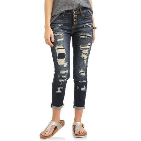 No Boundaries Juniors' Destructed Relaxed Rolled Cuff Skinny Jeans