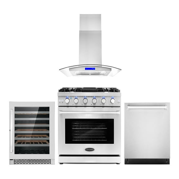 Cosmo 4 Piece Kitchen Appliance Packages with 30" Freestanding Gas Range 30" Island Mount Range Hood 24" Built-in Dishwasher & 48 Bottle Freestanding Wine Refrigerator Kitchen Appliance Bundles