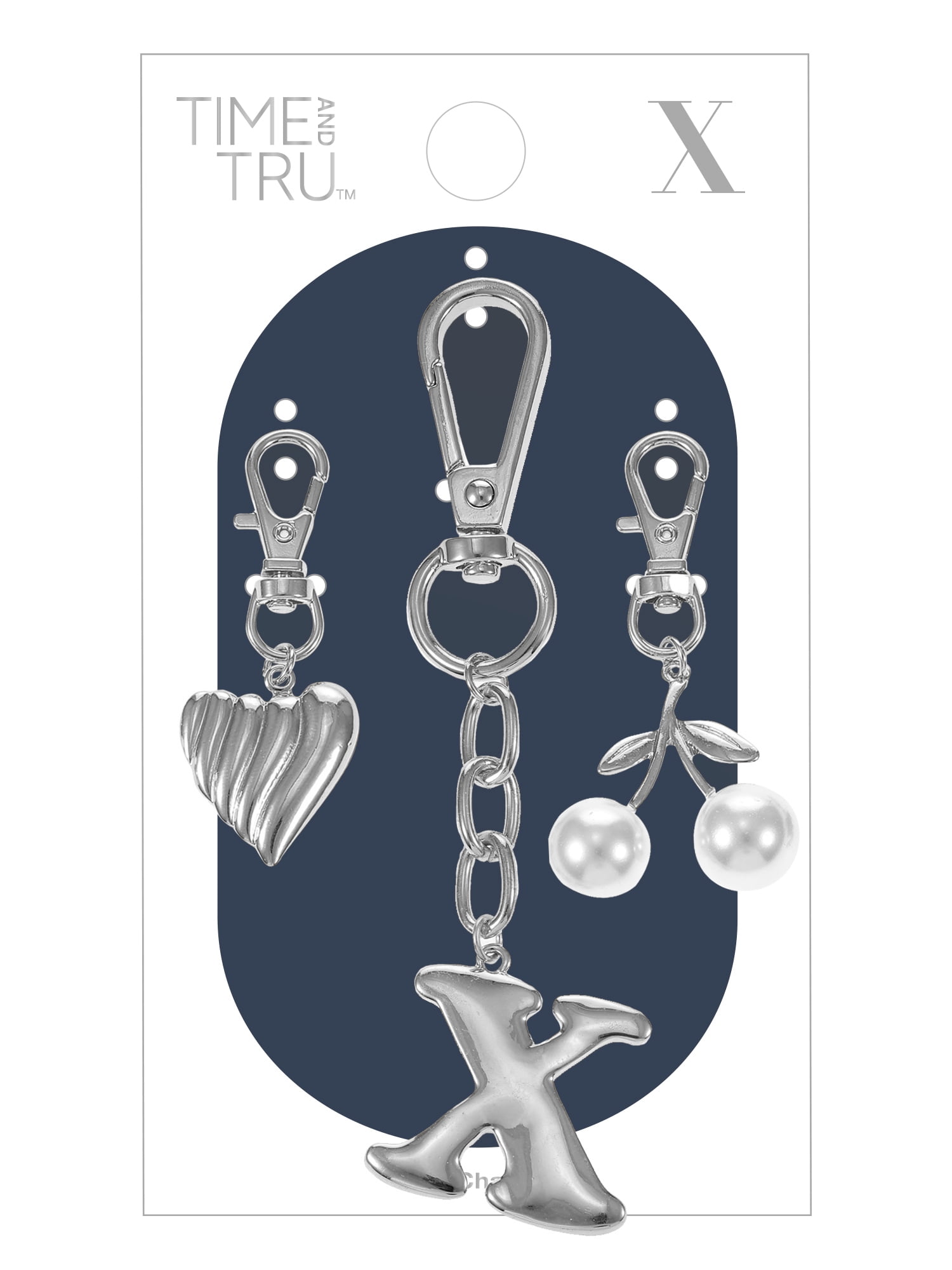 Time and Tru Silvertone Initial Letter Bag Charm Set, 3 Pieces, Letter X