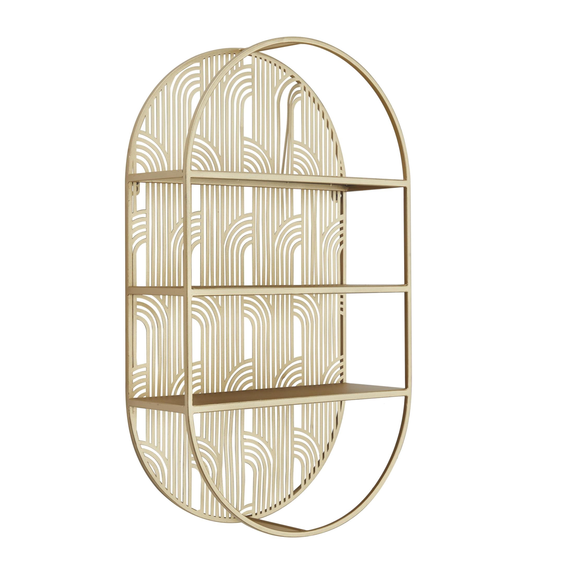 CosmoLiving by Cosmopolitan Glam Metal 3 Tier Oval Wall Shelf with Curved Line Pattern and Gold Polished Finish, 16"W x 28"H