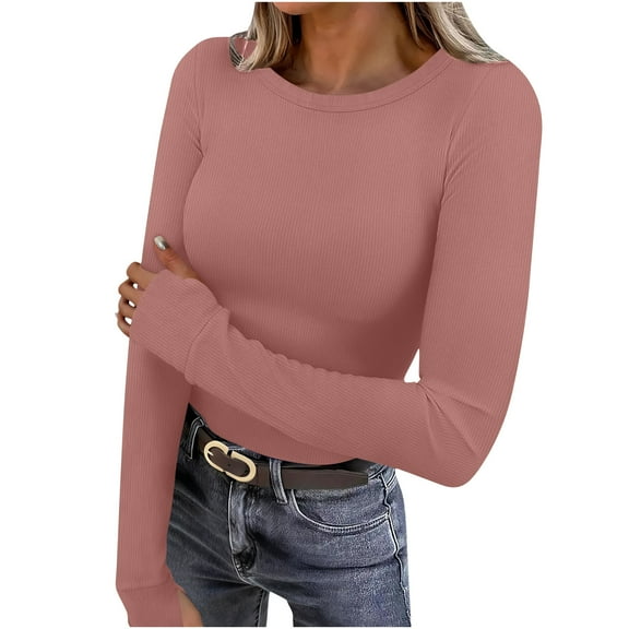 BUIGTTKLOP Womens Long Sleeve Shirts Sherpa Fleece Lined Crewneck Thermal Tops Ribbed Knit Stretchy Slim Ftted Basic Winter Tops