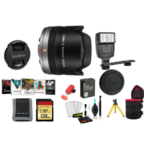 Panasonic Lumix g Fisheye 8mm Objectif F/3.5, Micro Quatre Tiers, H-F008 - Ensemble avec Carte Mémoire 128G + Batterie DMW-BLC12 + Flash Numérique + Logiciel de Montage et Plus