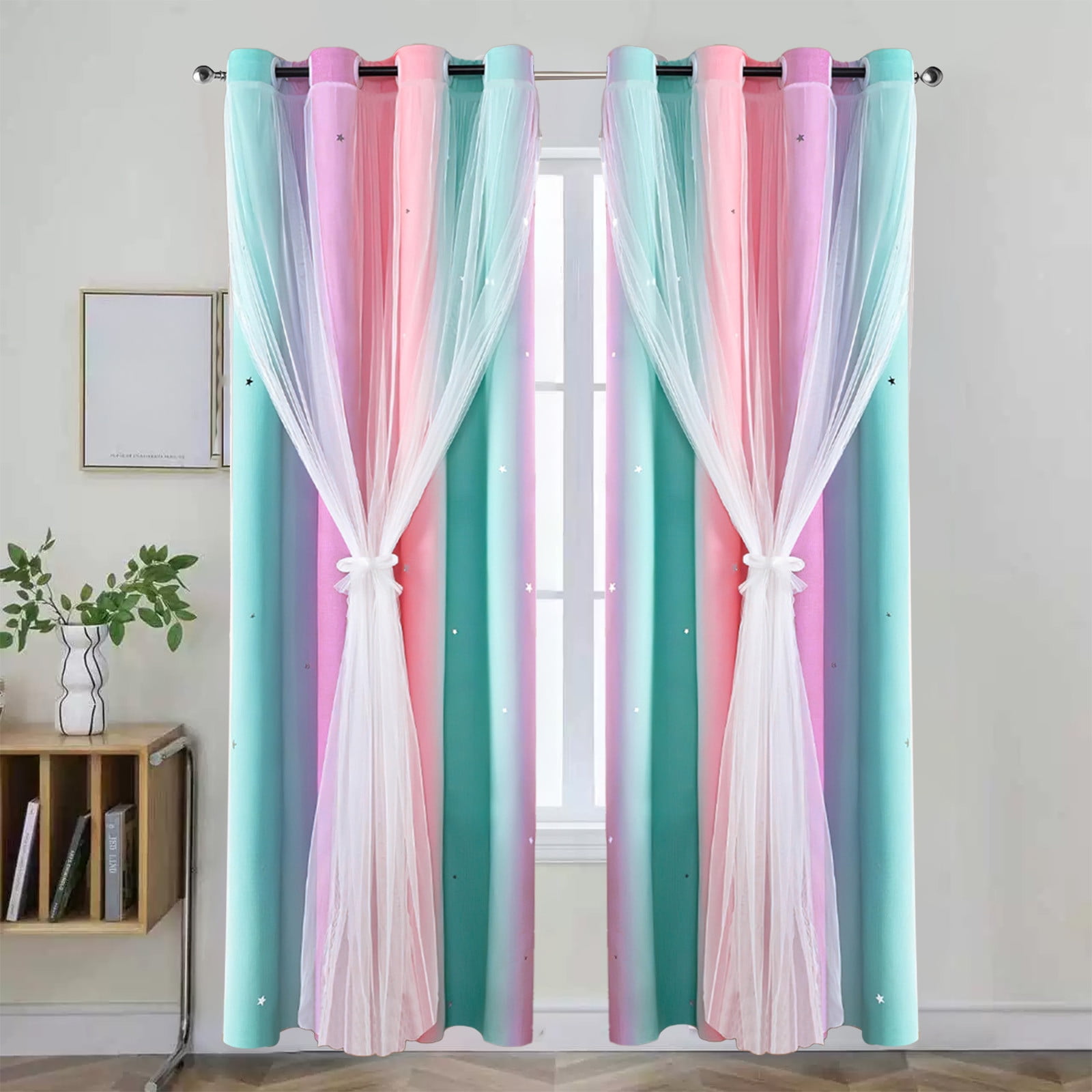 Ombre Rainbow Blackout Curtains for Girls Bedroom Living Room Darking Stripe Double Layer Star Cut Out Wall Home Decor Gradient Grommet Window Curtains (1 Panel, 39.37×51.18in)