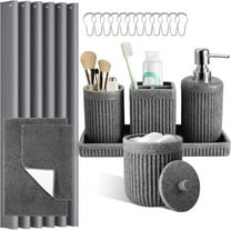 8-Piece Grey Bathroom Set - Resin Bathroom Accessories Sets Complete with Shower Curtain and Rugs, Soap Dispenser, Toothbrush Holder, Tumbler & Apothecary Jars