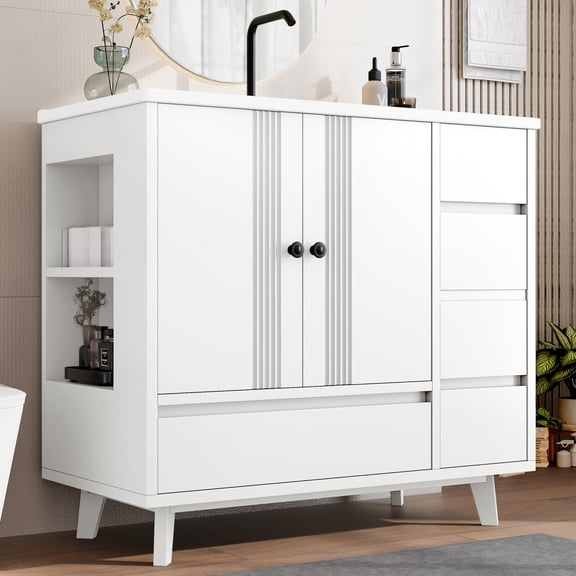 36" Bathroom Vanity with Sink, Freestanding Bathroom Storage Vanity Cabinet with 2 Soft Closing Doors, 4 Drawers and Side Storage Rack, Undermount Ceramic Sink, White
