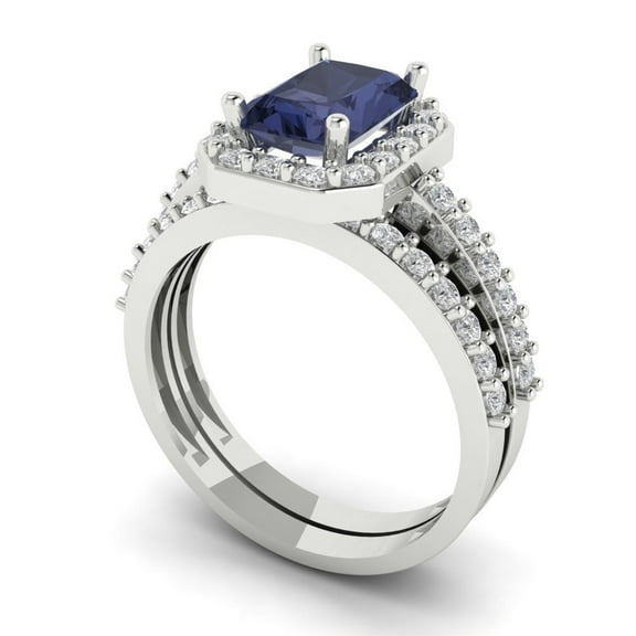 2.22 ct Brilliant Emerald Cut Blue Sapphire 18K White Gold Halo Solitaire with Accents Engagement Bridal Wedding Ring Band Set size 3.5