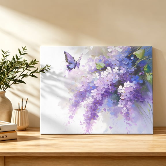 Oil Painting Canvas Wall Art, Art Purple Lavender Butterfly Wall Art Prints Artwork Framed Canvas Ready to Hang Art Pictures for Bathroom, Dressing Table, Entryway 12" x 8"