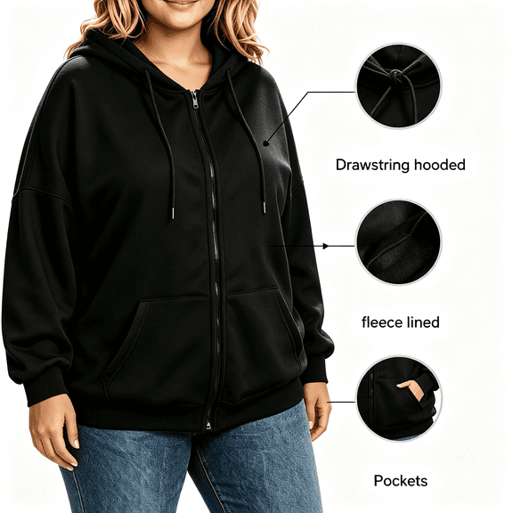 LIBRCLO Zip up Hoodies for Women, Plus Size Womens Clothes, Loose Casual Fleece Hoodie with Pockets, Size L